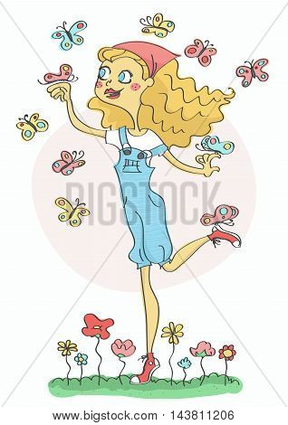 Cute, stylish fashion girl with flowers and butterflies, smiling.
