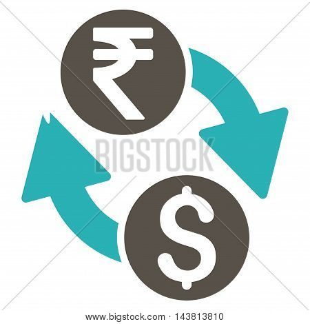 Dollar Rupee Exchange icon. Vector style is bicolor flat iconic symbol with rounded angles, grey and cyan colors, white background.