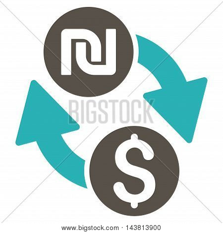 Dollar Shekel Exchange icon. Vector style is bicolor flat iconic symbol with rounded angles, grey and cyan colors, white background.