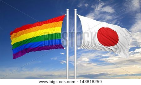 3d rendering rainbow colors flag with Japan flag