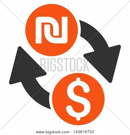 Dollar Shekel Exchange icon. Vector style is bicolor flat iconic symbol with rounded angles, orange and gray colors, white background.
