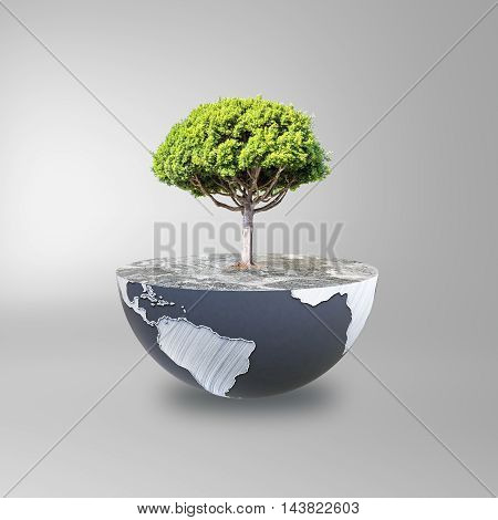 Half a globe with large tree on grey background. Green earth concept. 3D Rendering