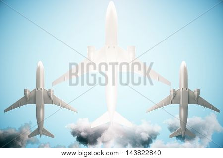 Three Airplanes On Sky Background