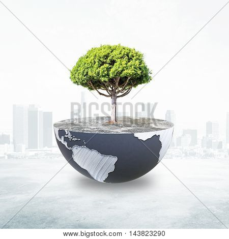 Half a globe with large tree on abstract city background. Green earth concept.  3D Rendering