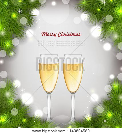 Illustration Merry Christmas Background with Glasses of Champagne and Fir Branches - Vector