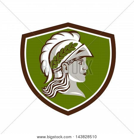 Illustration of Minerva or Menrva the Roman goddess of wisdom and sponsor of arts trade and strategy wearing helment and laurel crown viewed from side set inside shield crest done in retro style.