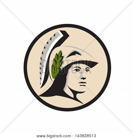 Illustration of Minerva or Menrva the Roman goddess of wisdom and sponsor of arts trade and strategy wearing helment and laurel crown looking to the side viewed from front set inside circle done in retro style.