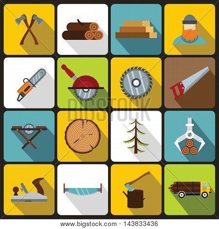 Timber industry icons set in flat style. Lumberjack equipment set collection vector illustration