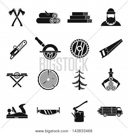 Timber industry icons set in simple style. Lumberjack equipment set collection vector illustration