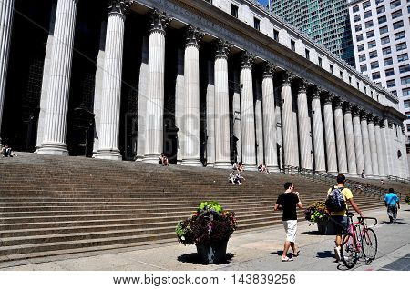 New York City - Ajugust 19 2011: The main United States Post office headquarters with its row of massive Corinthian columns on Eighth Avenue at West 32nd Street