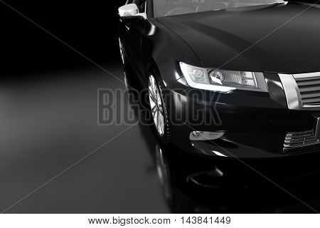 Modern black metallic sedan car in spotlight. Generic desing, brandless. 3D rendering.