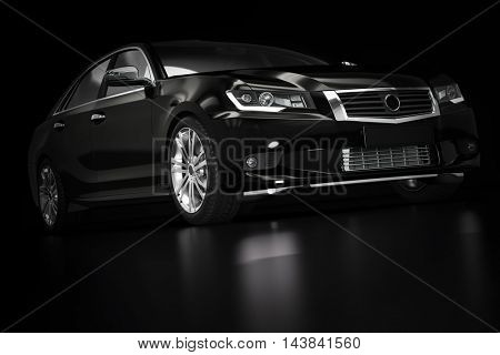 Modern black metallic sedan car in spotlight. Generic desing, brandless. 3D rendering.