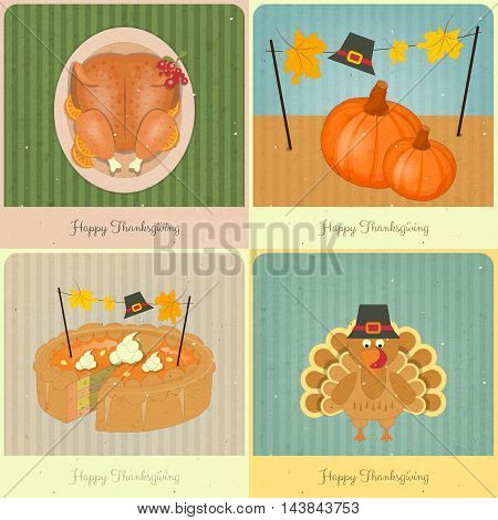 Happy Thanksgiving Card. Set of Vinage Turkey Day Posters. Vector illustration.