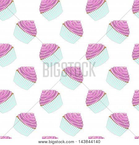 Seamless vector pattern of delicate pastries. Sweet pink cakes in light green basket on white background