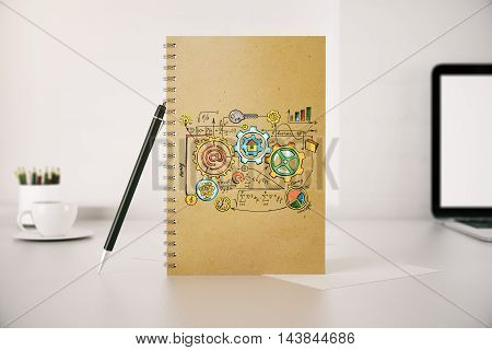Workplace with business sketch in spiral notepad. 3D Renering