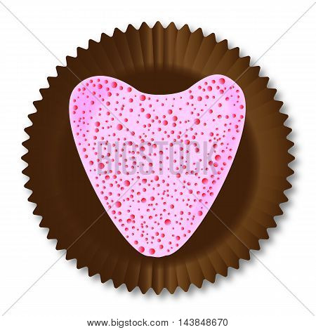 A typical strawberry flavour heart shaped chocolate from a chocolate box selextion over a white background