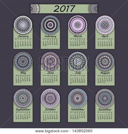 Calendar 2017. Vintage Decorative Colorful Elements. Ornamental Floral Oriental Pattern, Vector Illu