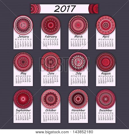 Calendar 2017. Vintage Decorative Colorful Elements. Ornamental Floral Oriental Pattern, Vector Illu