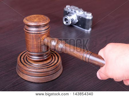 Auction Hammer , Symbol Of Authority And Vintage Camera