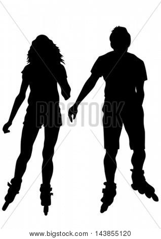 Silhouette of boy and girl on roller skates on white background