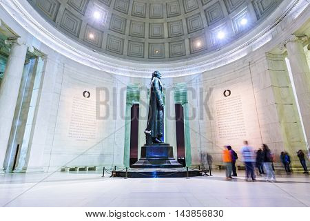 WASHINGTON DC - APRIL 7, 2015: The bronze statue inside the Jefferson Memorial. Thomas Jefferson was a founding father of the United States and served as the third President.