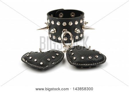 Rock style braided leather and metal bracelet isolated on white background