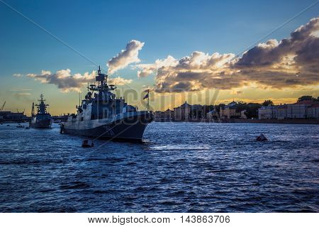 the warship on the Neva, St. Petersburg River