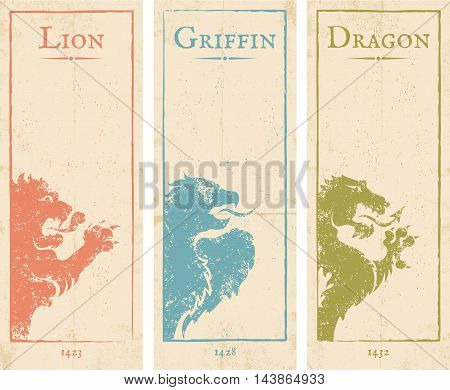 Vector set vintage posters with lion griffin and dragon