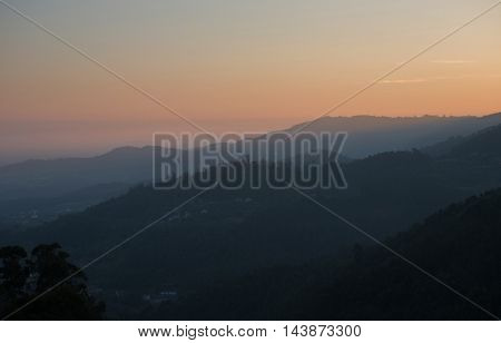 scenic view of sunset mountains at Peneda Geres National Park in northern Portugal.