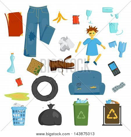 Recycling and garbage elements trash bags. Vector tires management ecology industry garbage utilize concept. Garbage waste trash ecology paper can bottle recycling disposal box.