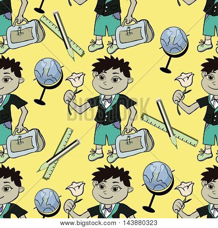 Seamless Pattern With A Student Of The First Class Of A Boy And A Globe And A Pencil. Vector Illustr
