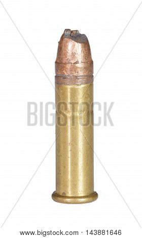 Hunk out of a bullet on a rimfire cartridge isolated on white