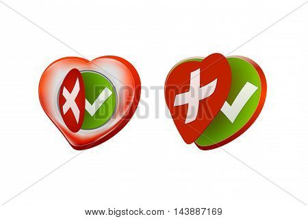 Romantic approval rejection symbols design with red heart shaped
