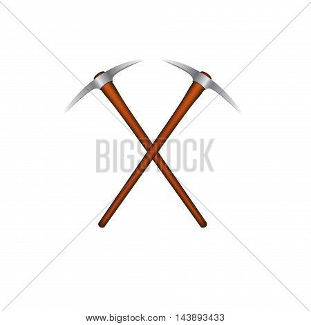 Two crossed mattocks with wooden handle on white background