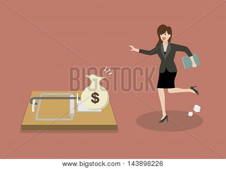 Business woman try to pick money from mousetrap. Business concept
