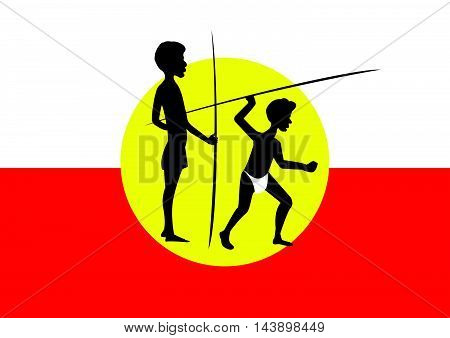 two hunters father and son on a red and white background