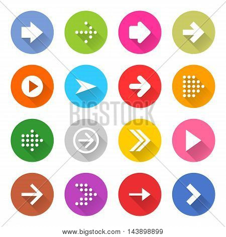 16 arrow icon set 01 white sign on color . Web button on white background. Simple minimalistic mono flat long shadow style. Vector illustration internet design graphic element 10 eps