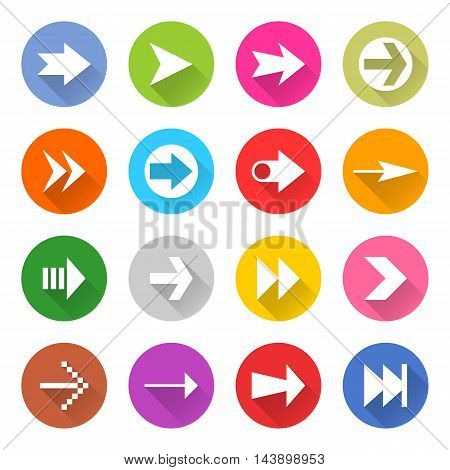 16 arrow icon set 01 white sign on color . Web button on white background. Simple minimalistic mono flat long shadow style. Vector illustration internet design graphic element 10 eps