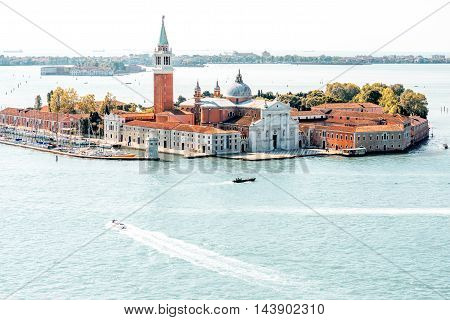 Close-up aerial view on San Giorgio Maggiore island from San Mark's Campanille in Venice