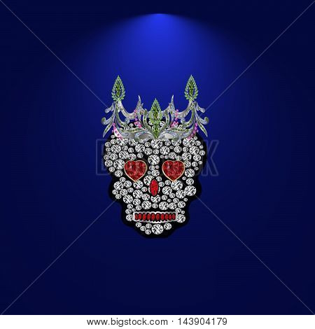 Skull of precious stones on a blue background. With tiara of brilliant