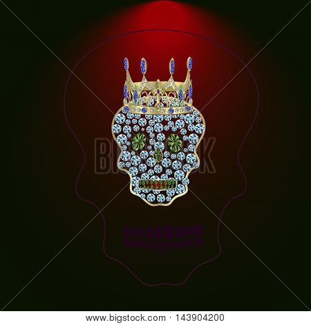 Skull of precious stones on a blue background. With tiara of brilliant