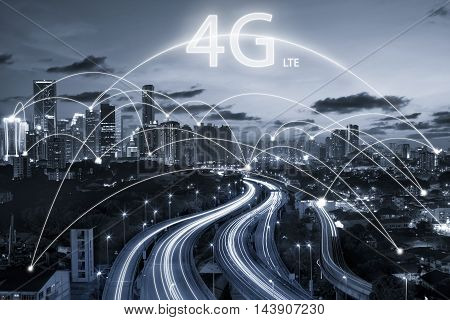 city scape and connection concept and 4g LTE font