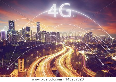 city scape and connection concept and 4g LTE font