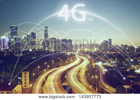 Cityscape and connection concept and 4G LTE font