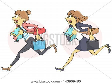 Business woman or a clerk running in stress due to a deadline,  getting late for work or a meeting. Set of two characters.