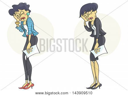 Business woman or a clerk holding her head in stress and despair because of business failure or stress at work. Set of two characters.