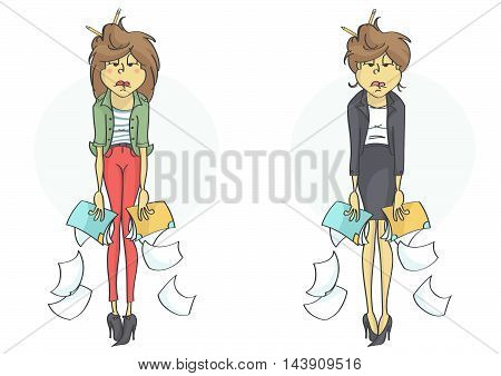 Exhausted, overworked business woman or clerk all in mess because of stress at work. Set of two characters.