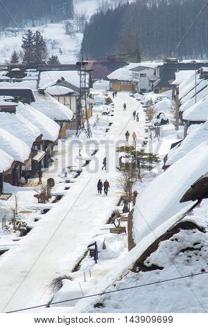 FUKUSHIMA,JAPAN - FEBRUARY 28, 2014: Ouchijuku is a former post town along the Aizu-Nishi Kaido trade route, which connected Aizu with Nikko during the Edo Period.