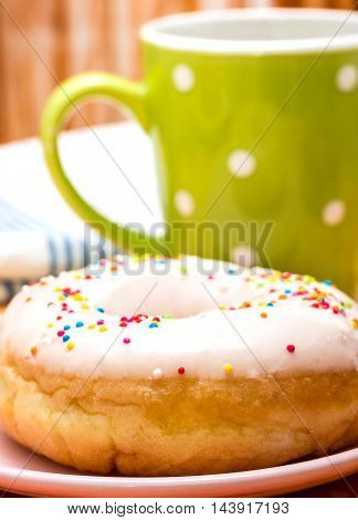 Fresh Coffee Donuts Represents Decaf Dessert And Break