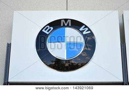 CIRCA AUGUST 2016 - GDYNIA: Logo of BMW. Bayerische Motoren Werke AG is German luxury vehicles, motorcycle, and engine manufacturing company founded in 1916.